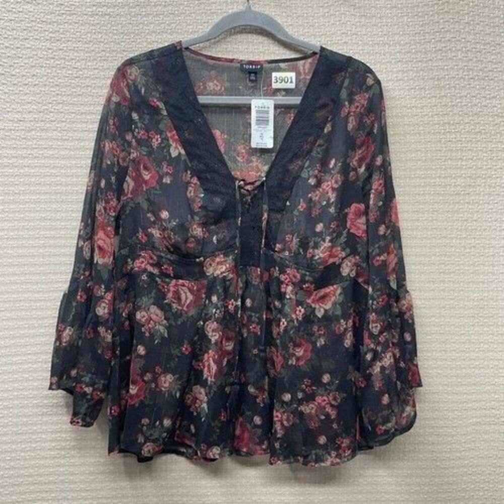 NWT Torrid Sheer Chiffon Floral Babydoll Blouse Women Plus Size 00 Black Romanti